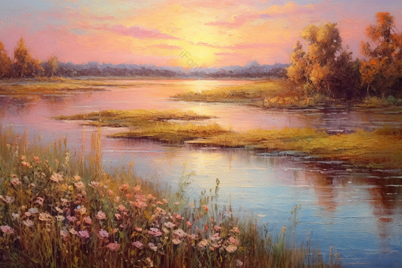 春天花丛平原绿色草地河流黄昏日落唯美油画,插画/手绘图,插画/手绘图库,插画/手绘图下载,插画/手绘